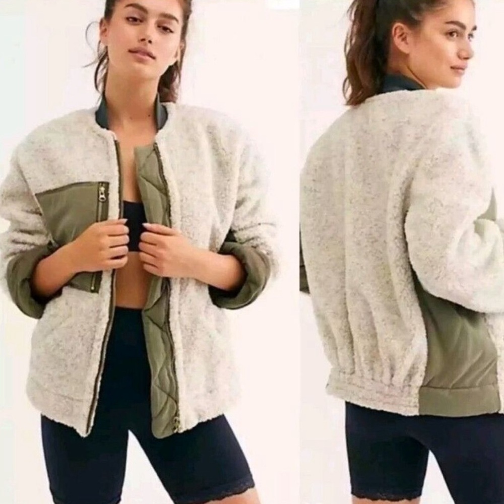 Free People We The Free Rivington Olive Green and Ivory Sherpa Jacket